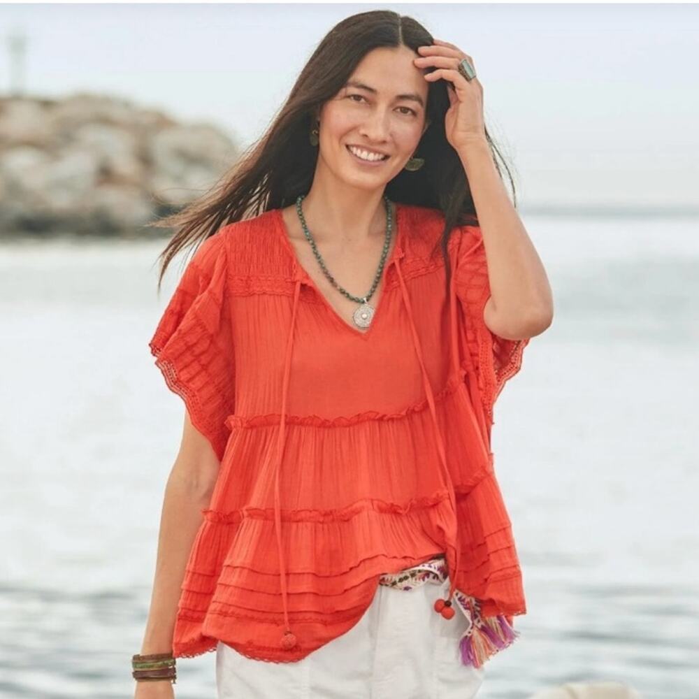 Sundance Top Womens Size Small Orange Antonia Tiered Smocked V Neck Short Sleeve